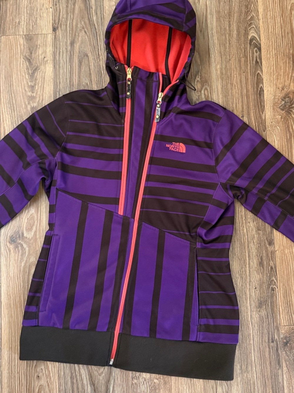 The North Face Purple and Black Striped Hooded Utility Jacket with Red Lining